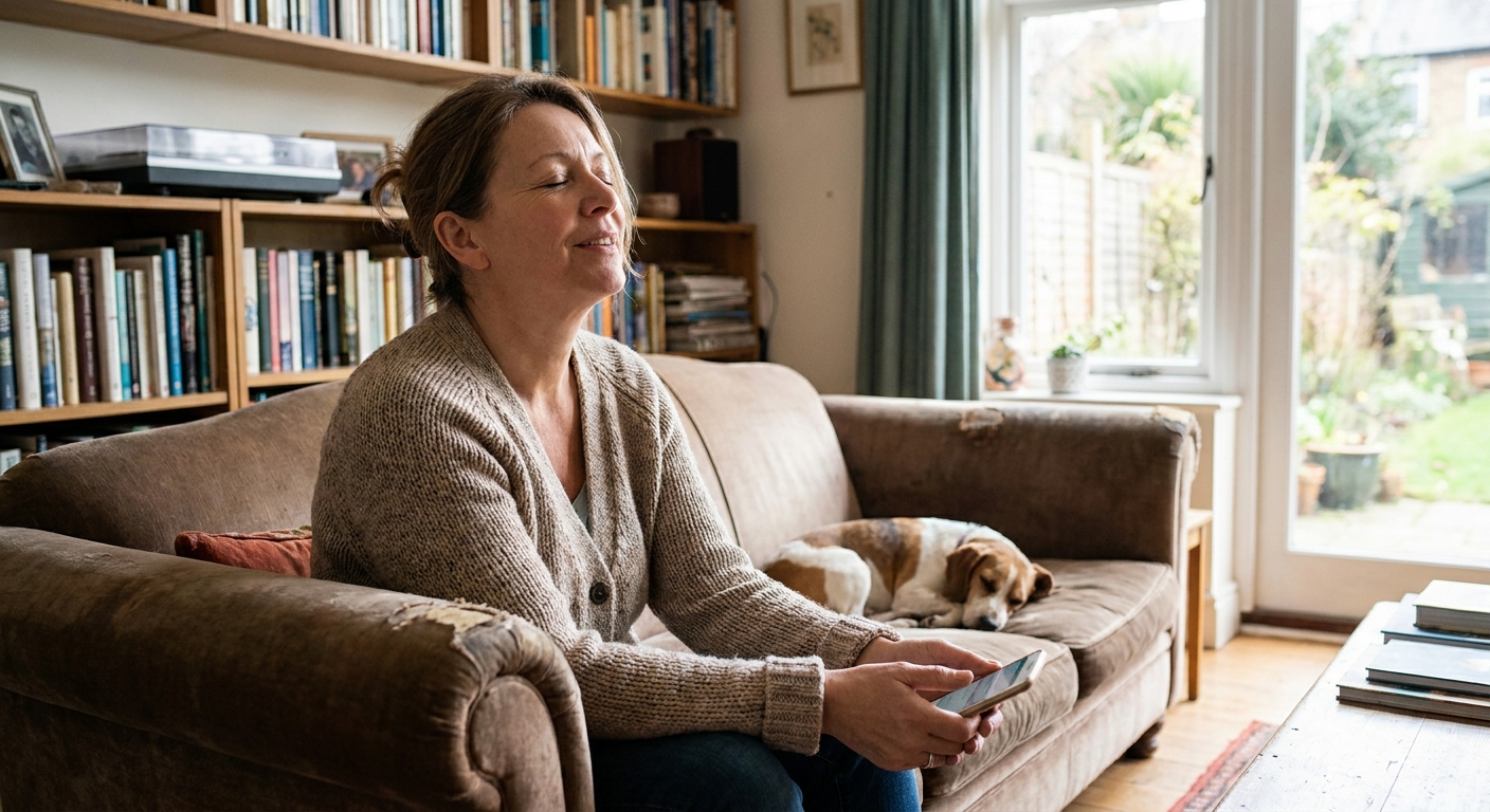 A middle-aged woman sitting on a couch holding a phone, eyes closed as she takes a slow, calming breath in a quiet living room