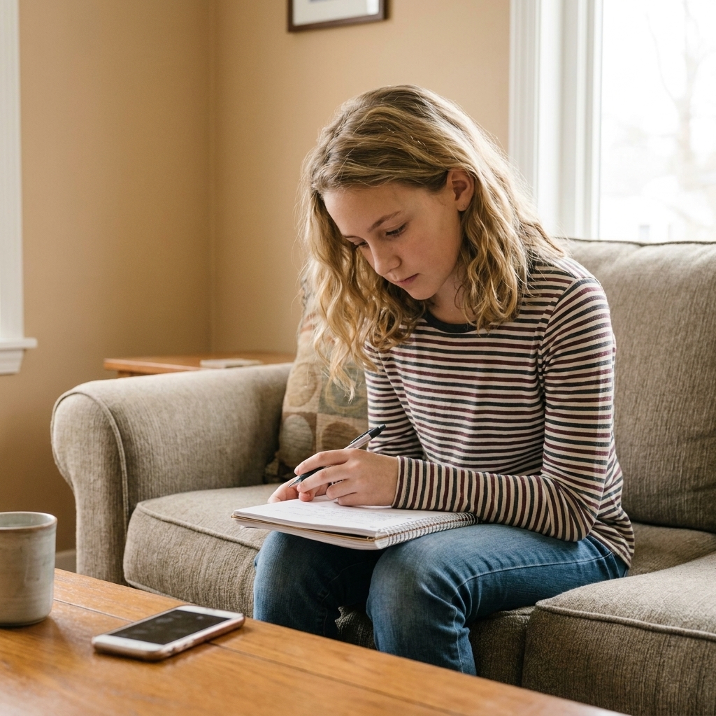 A middle school-aged child sitting on a couch with a notebook open while a smartphone rests on a nearby coffee table