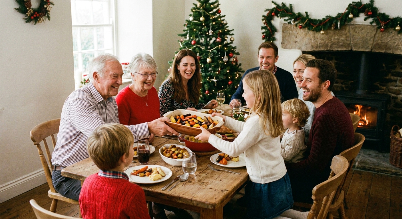 A multigenerational family gathered around a dining table for a holiday meal, with grandparents smiling as a child passes a serving dish