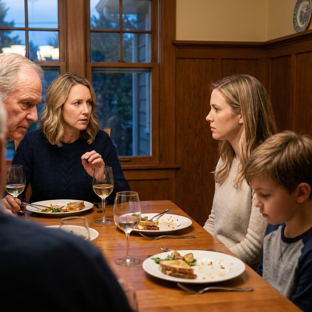 A multigenerational family seated at a dinner table during a tense but controlled moment, one person pausing mid-sentence while others listen