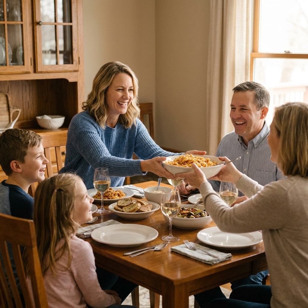 A multigenerational family sitting around a dining table during a casual dinner, talking and passing dishes in a warm, candid moment