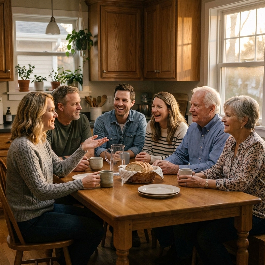 A multigenerational family sitting around a kitchen table in warm evening light, talking and listening with relaxed, everyday expressions