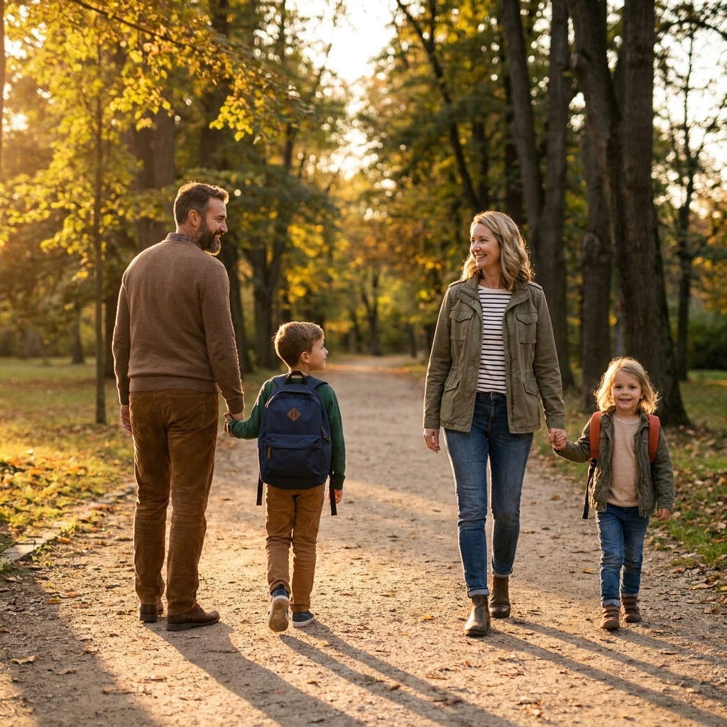 A parent, a partner, and two children walk together on a tree-lined park trail in the early evening.