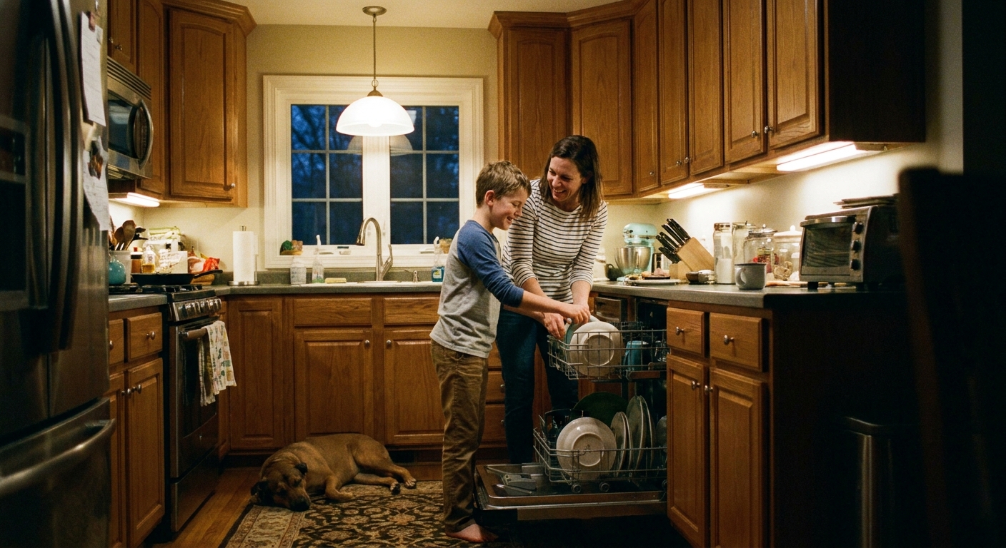 A parent and a school-aged child putting dishes into a dishwasher together in a warmly lit kitchen during the evening.