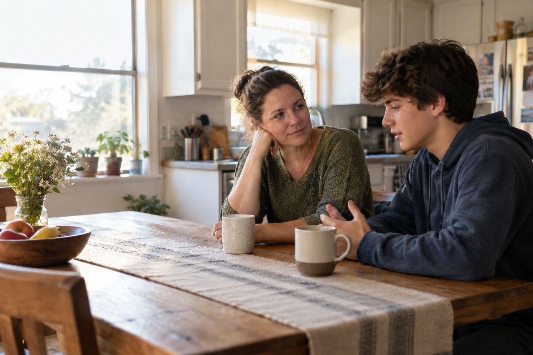 A parent and a teenager sitting at a kitchen table in soft evening light, talking calmly with open body language