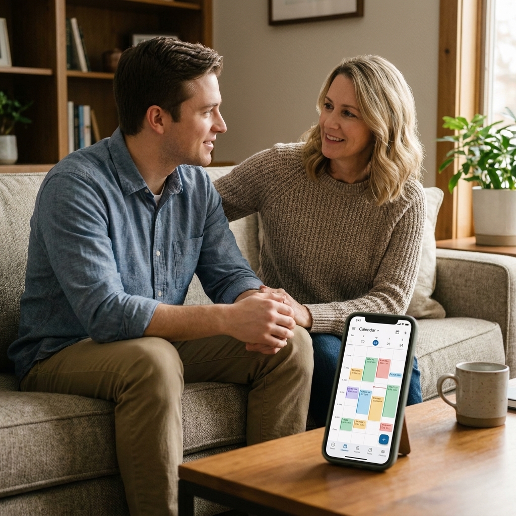 A parent and adult child sitting on a couch having a calm conversation while a phone with a calendar app rests on the coffee table.