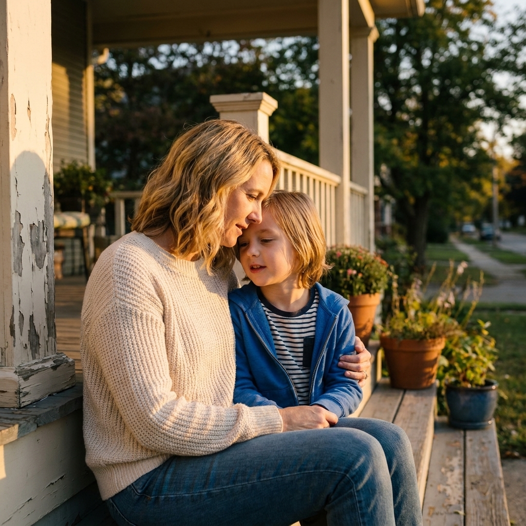 A parent and child sit together on a front porch step at sunset, talking quietly.