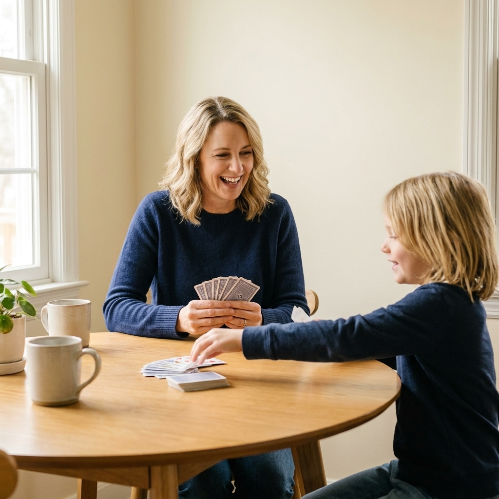 A parent and one child sitting at a kitchen table playing a card game together