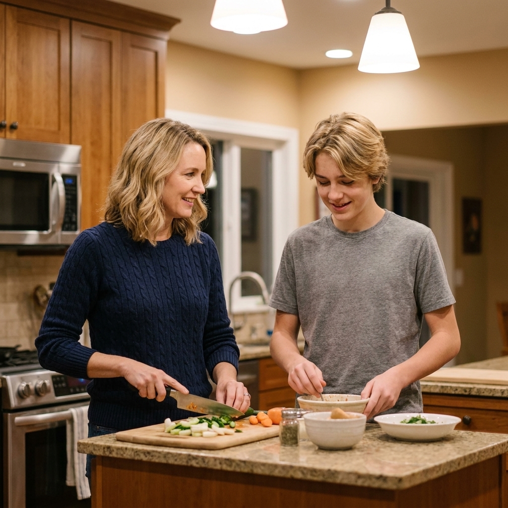 A parent and teenage child preparing food together at a kitchen island, smiling slightly and working side by side
