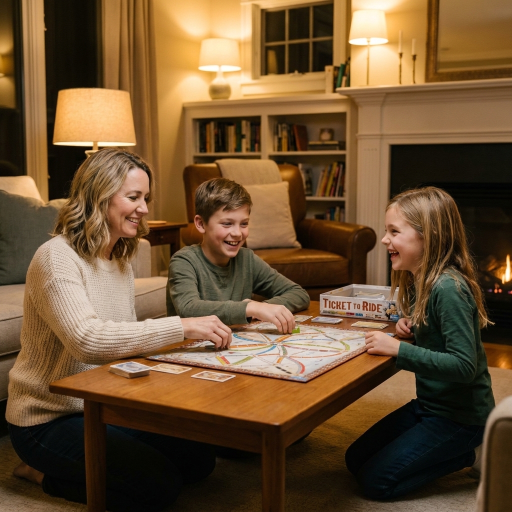 A parent and two school-aged children sitting at a coffee table playing a board game in a living room during the evening