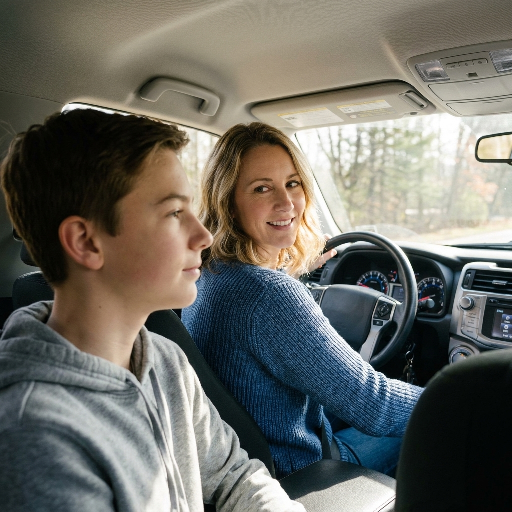 A parent driving while a teenage child sits in the passenger seat looking out the window, both appearing calm during a quiet conversation