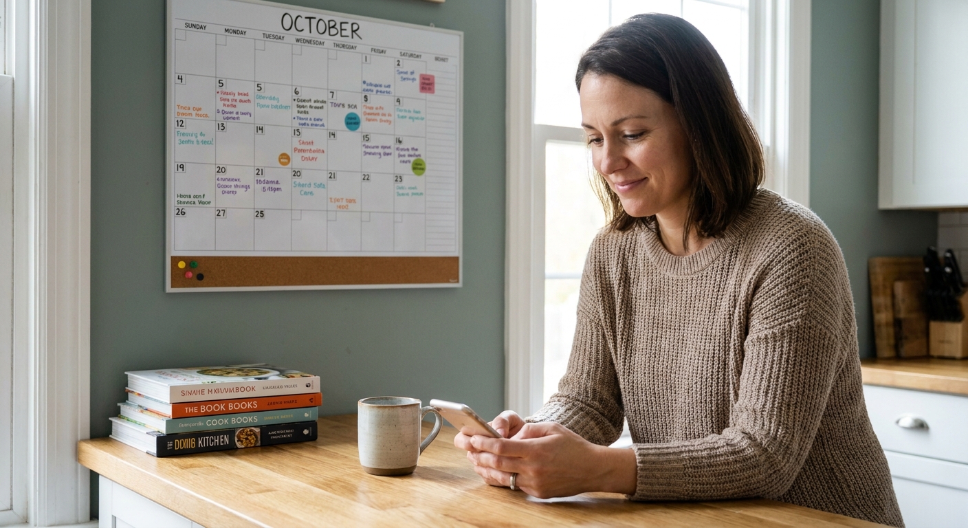 A parent holding a smartphone and typing a calm text message while sitting at a kitchen counter with a calendar in the background