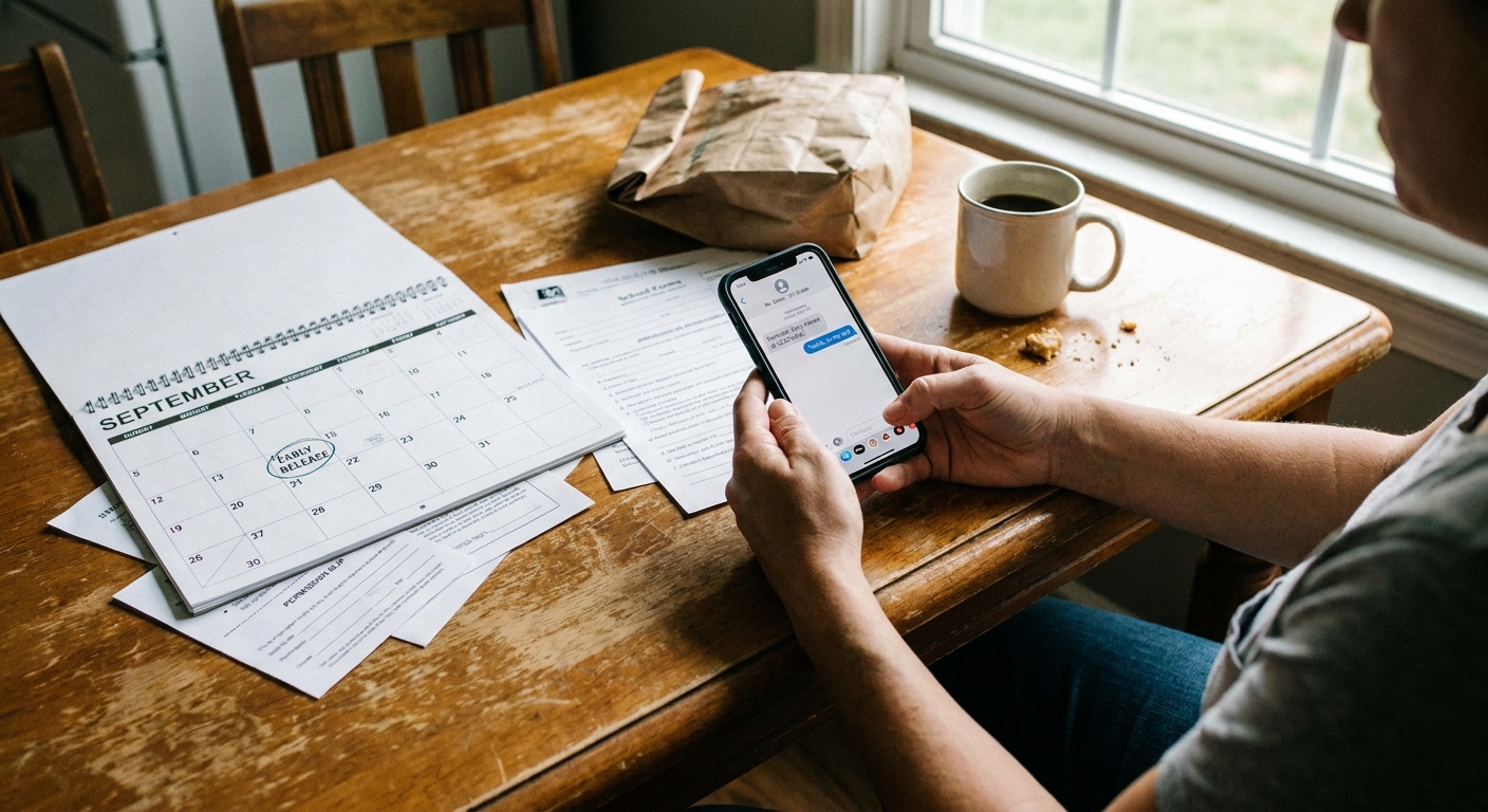 A parent holding a smartphone showing a message thread while sitting at a kitchen table with a calendar and school papers nearby
