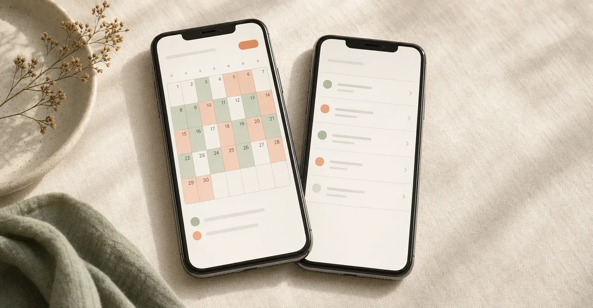 A parent holding a smartphone showing a shared family calendar while sitting at a kitchen table with a laptop and a child’s school papers nearby