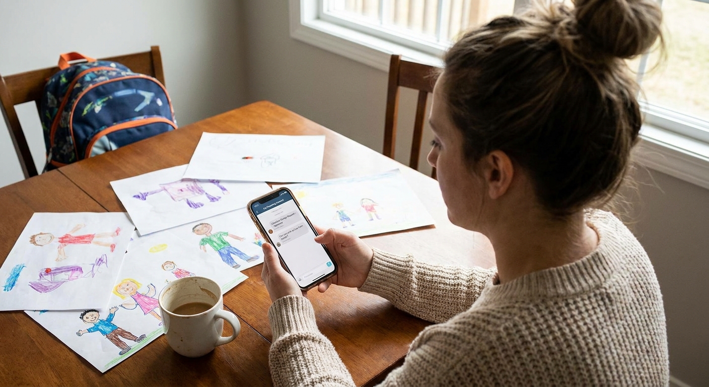 A parent holding a smartphone with a co-parenting messaging app open while sitting at a dining table