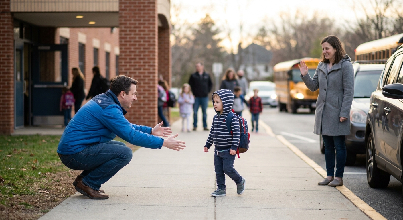 A parent picks up a child outside a school entrance while the other parent stands a short distance away as the child walks calmly toward the pickup parent holding a backpack