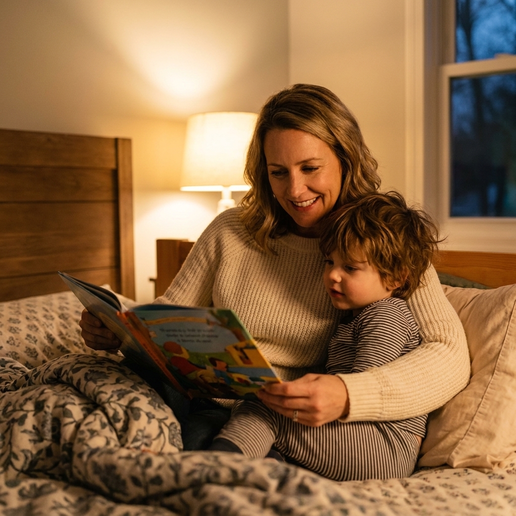 A parent reading a picture book with a young child sitting close beside them on a bed, warm lamplight in a calm evening scene