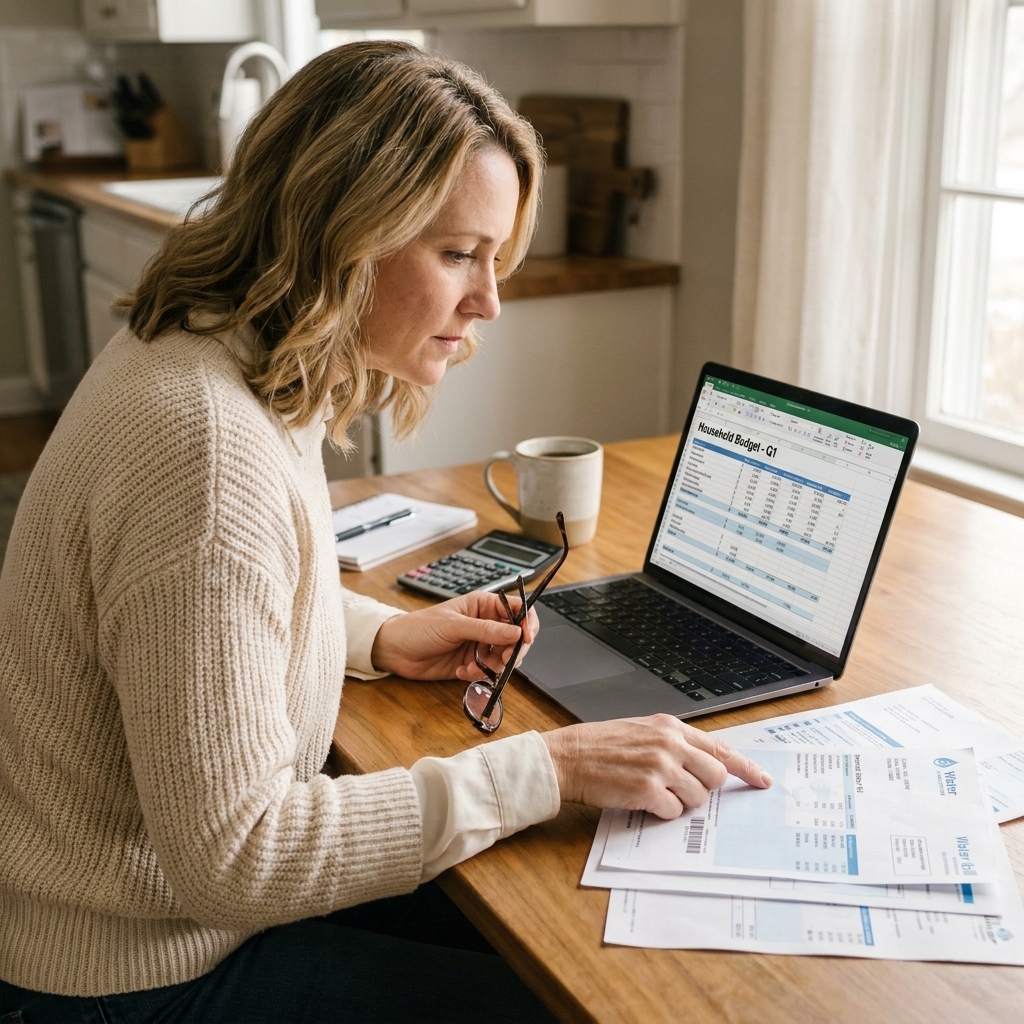 A parent reviewing a household budget on a laptop at a kitchen table with bills nearby.