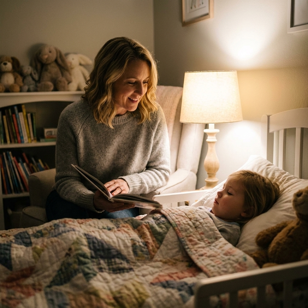 A parent sitting beside a child’s bed in a dim, cozy bedroom, reading quietly as the child listens and relaxes under a blanket