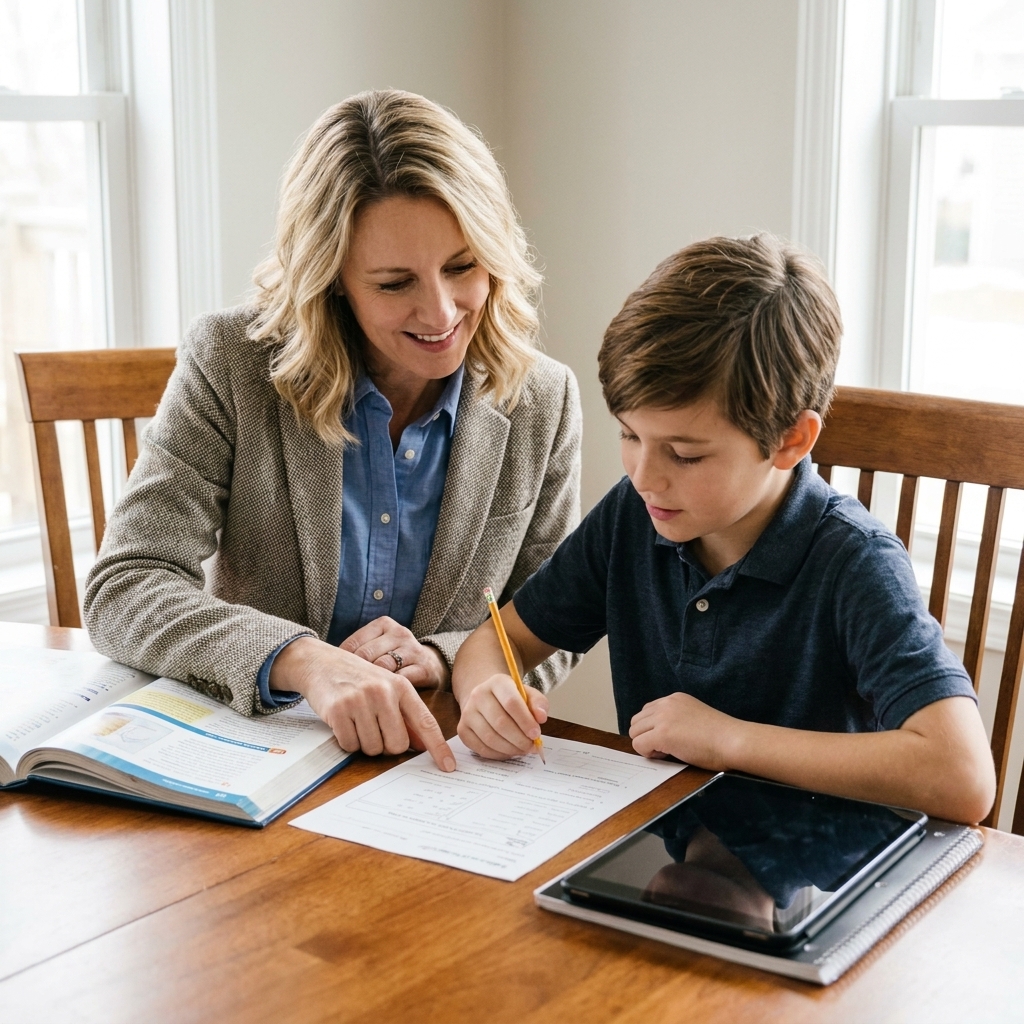 A parent sitting beside a school-aged child at a dining table while the child finishes homework with a tablet placed facedown nearby