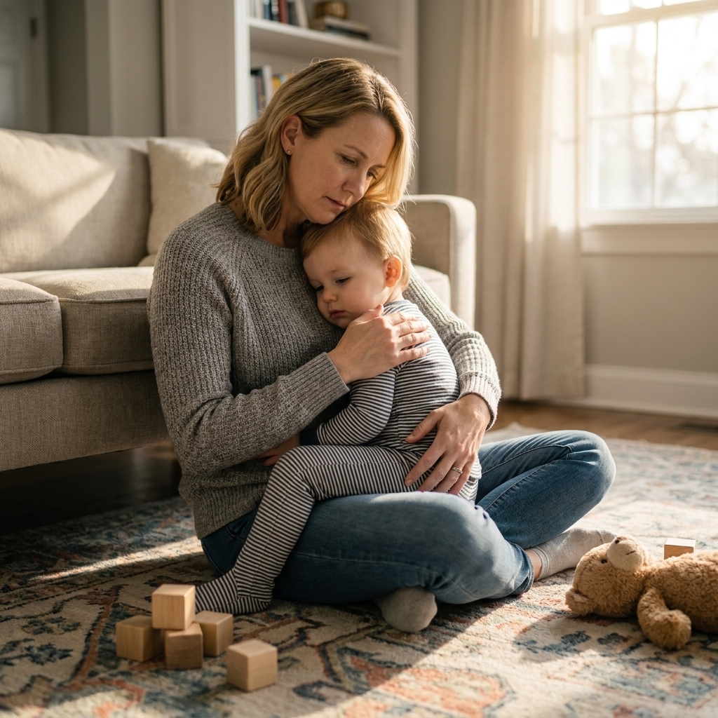 A parent sitting on a living room rug holding a calm toddler after a meltdown, with a few toys nearby and soft afternoon light in the room