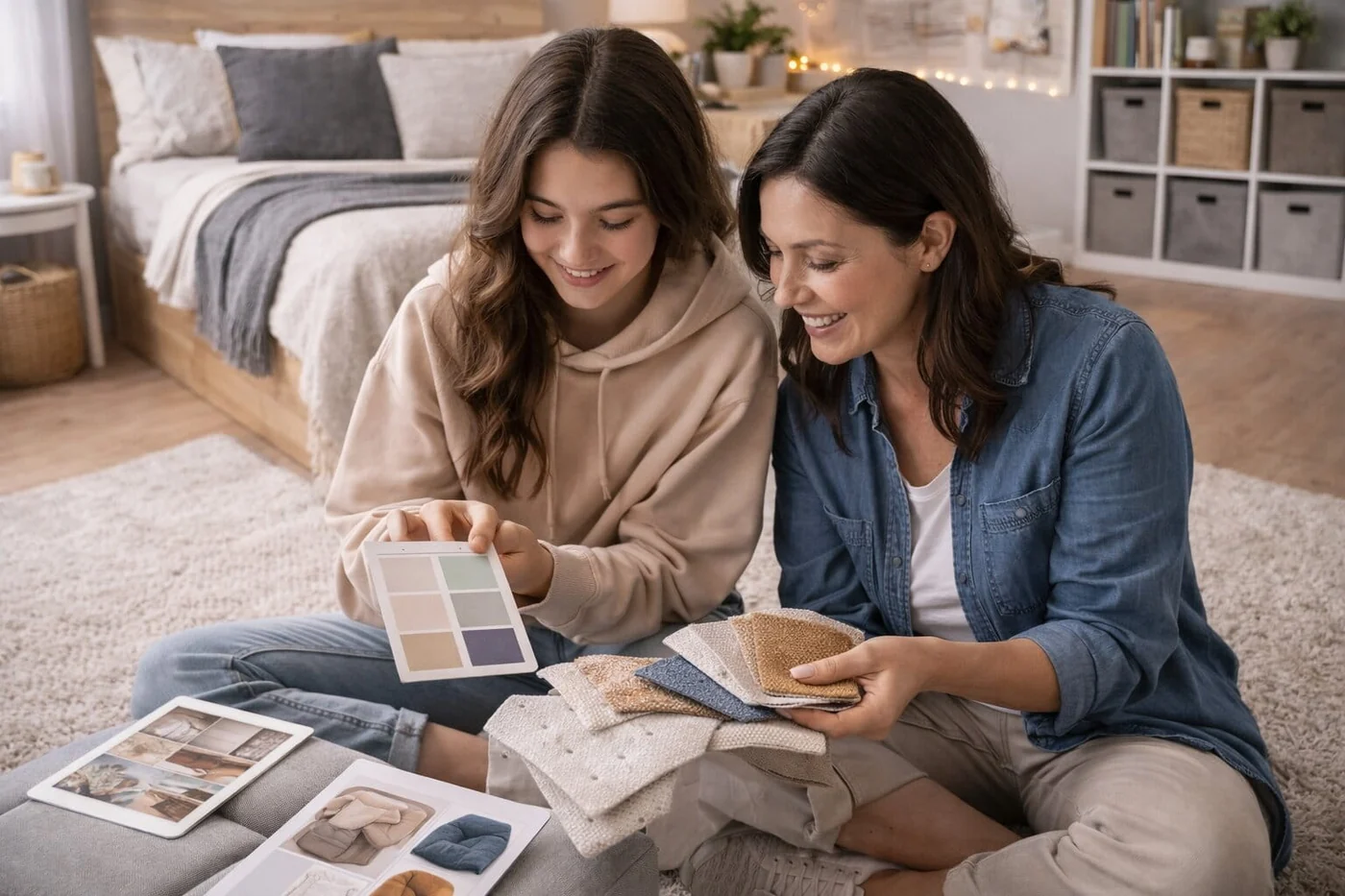 A parent standing in a bedroom doorway talking to a teenager sitting on the bed in a slightly messy room
