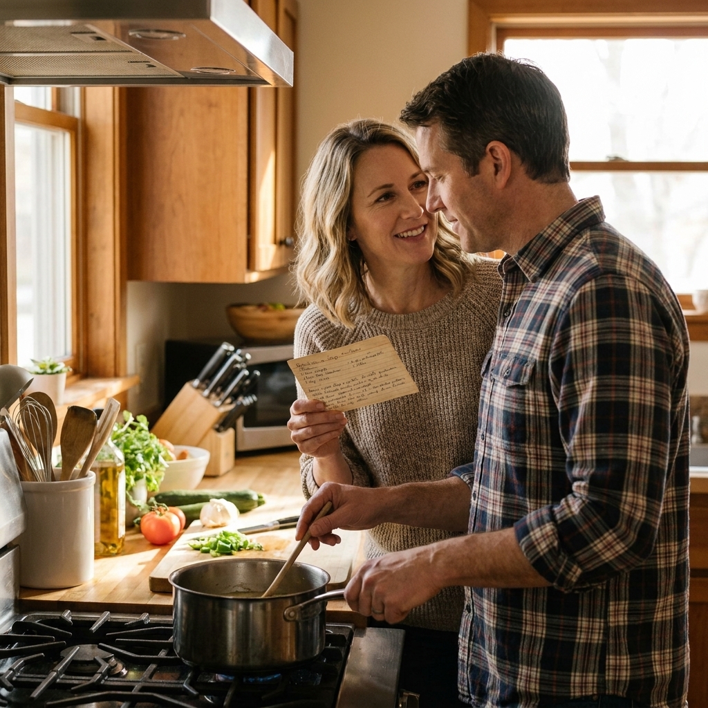 A partner and their spouse cooking together in a warm home kitchen, using an old handwritten recipe card while talking softly