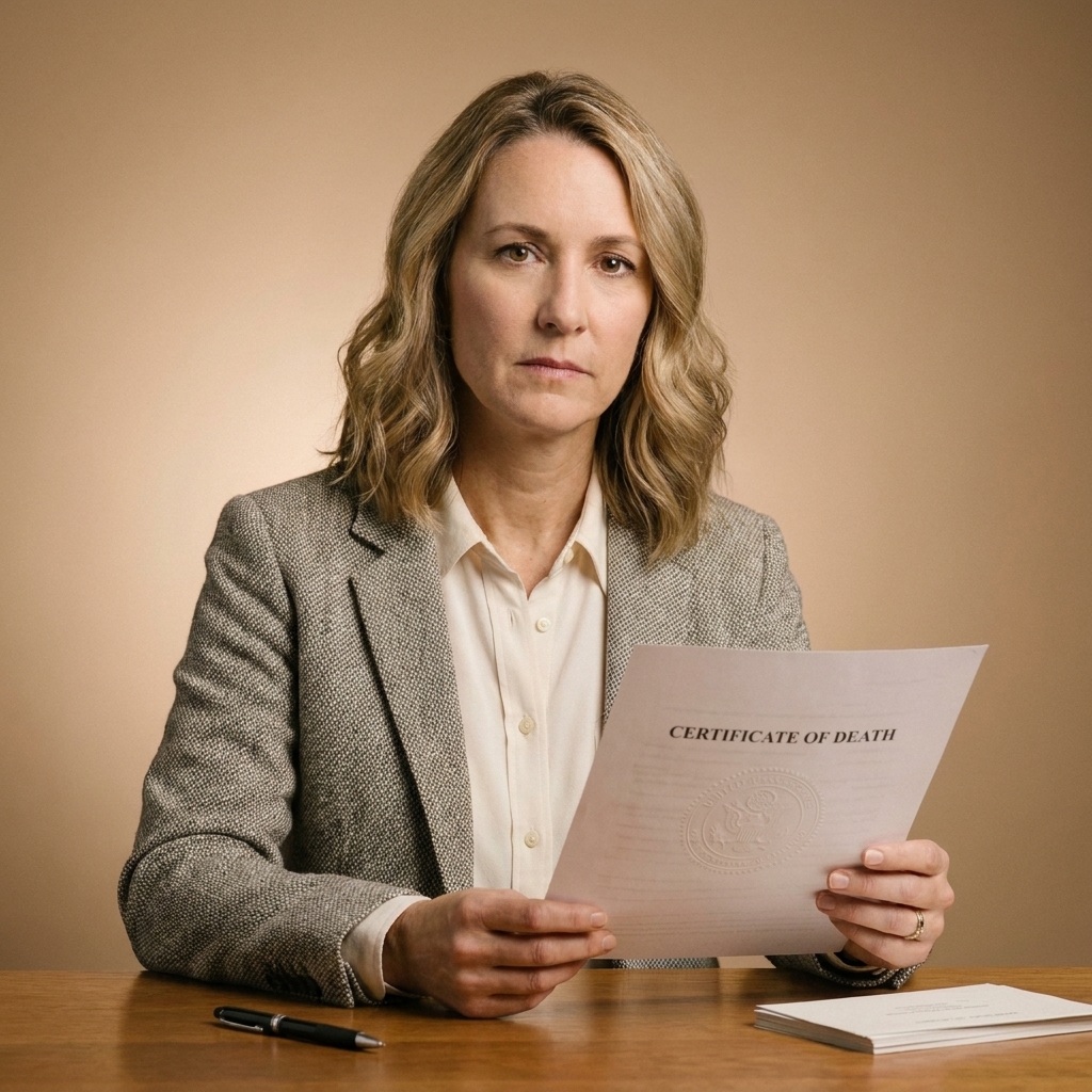 A person holding a certified death certificate while sitting at a table with a pen and a small stack of official documents