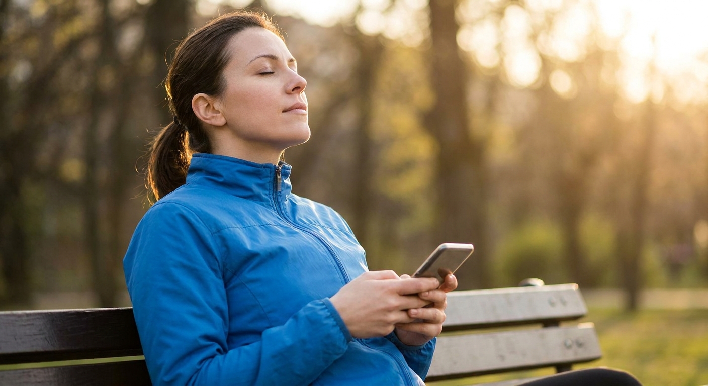 A person holding a phone and pausing to take slow breaths