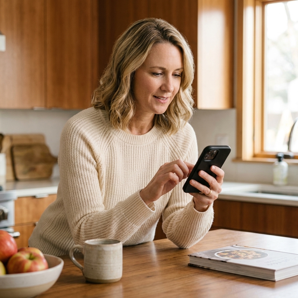 A person holding a smartphone at a kitchen counter while typing a short message
