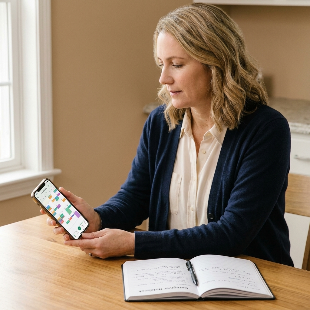 A person holding a smartphone showing a shared family calendar while sitting at a table with a pen and a caregiver notebook nearby