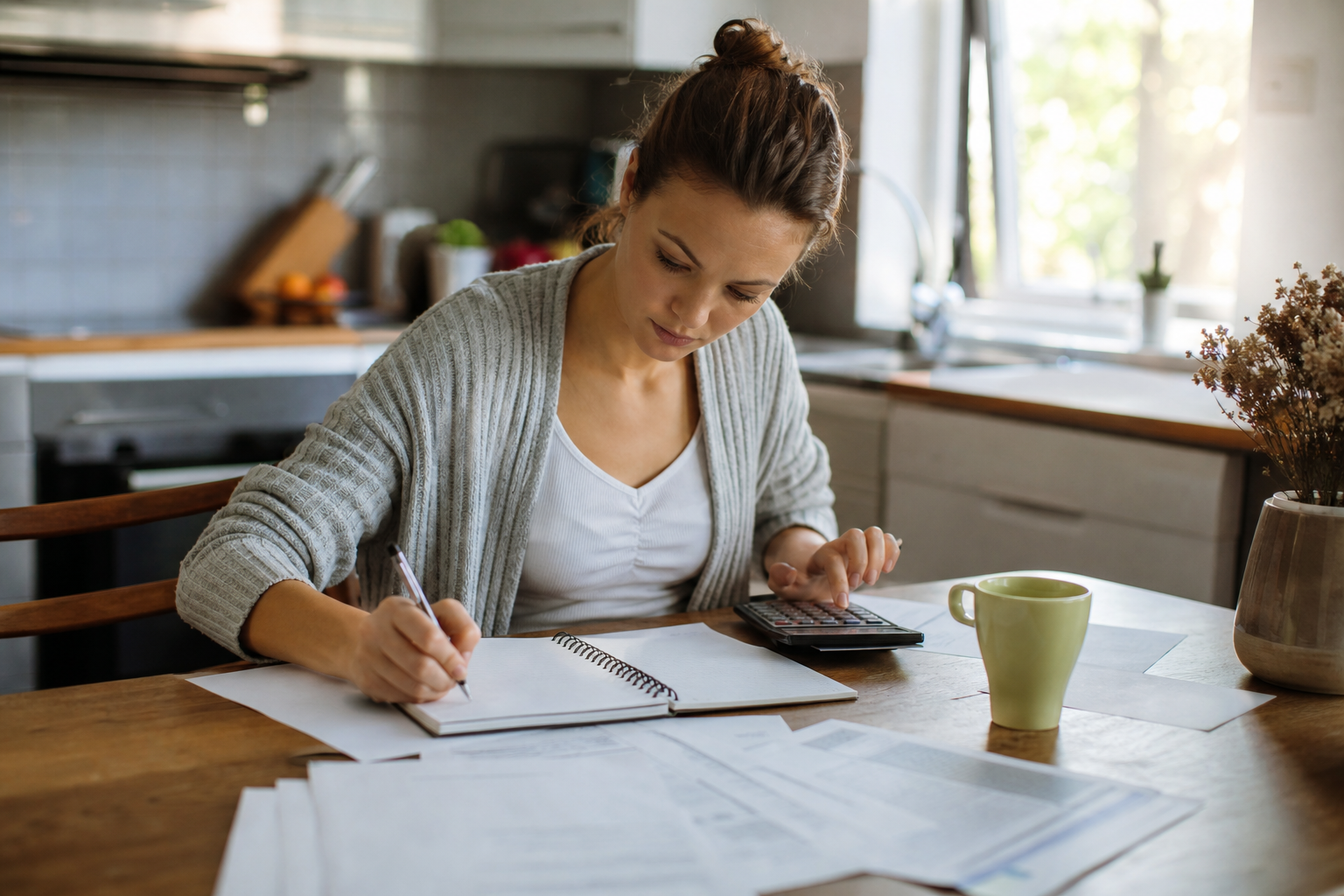 A person sitting at a kitchen table with a notebook and a cup of tea, writing quietly in the morning light