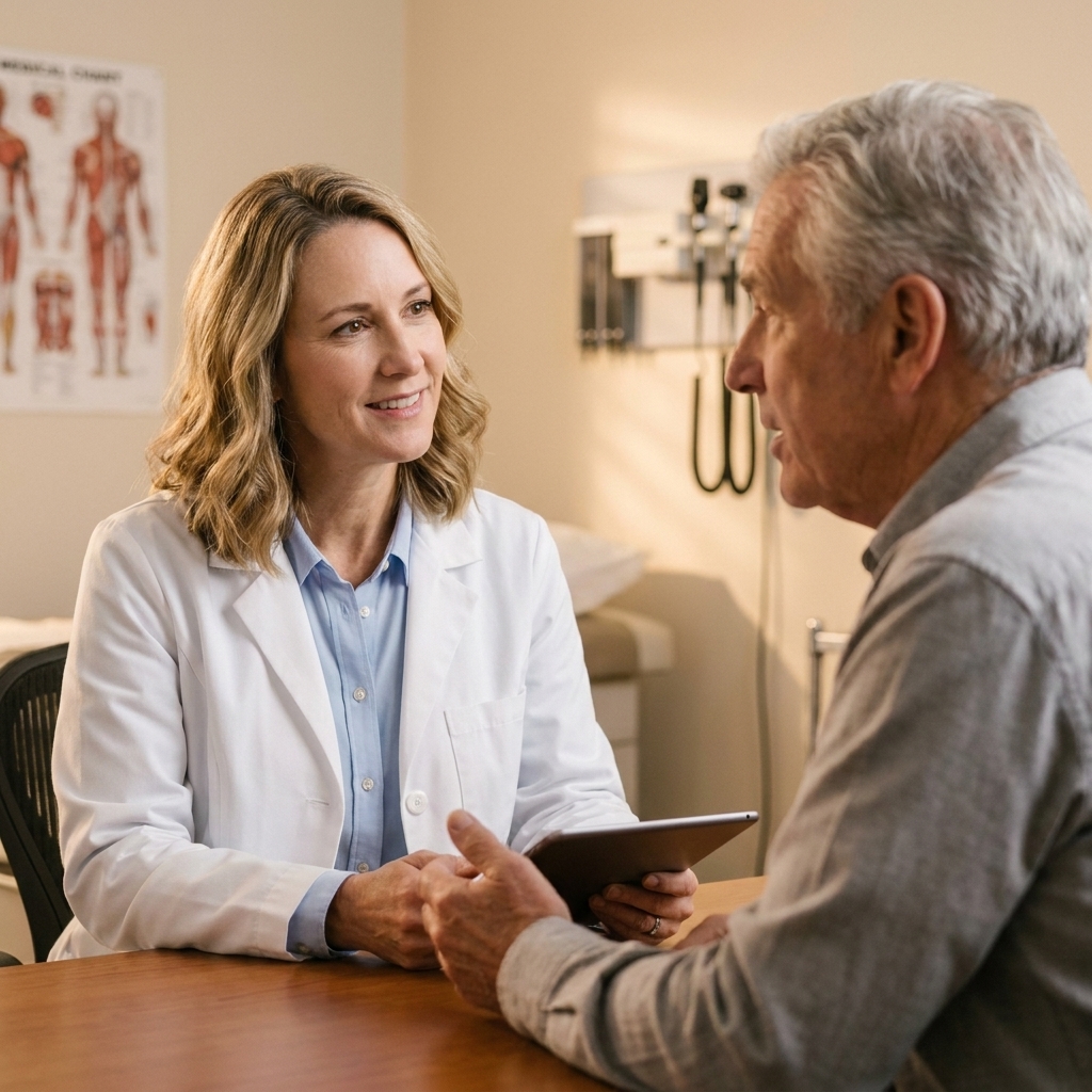 A primary care doctor seated across from an older adult patient during a calm medical consultation in an exam room