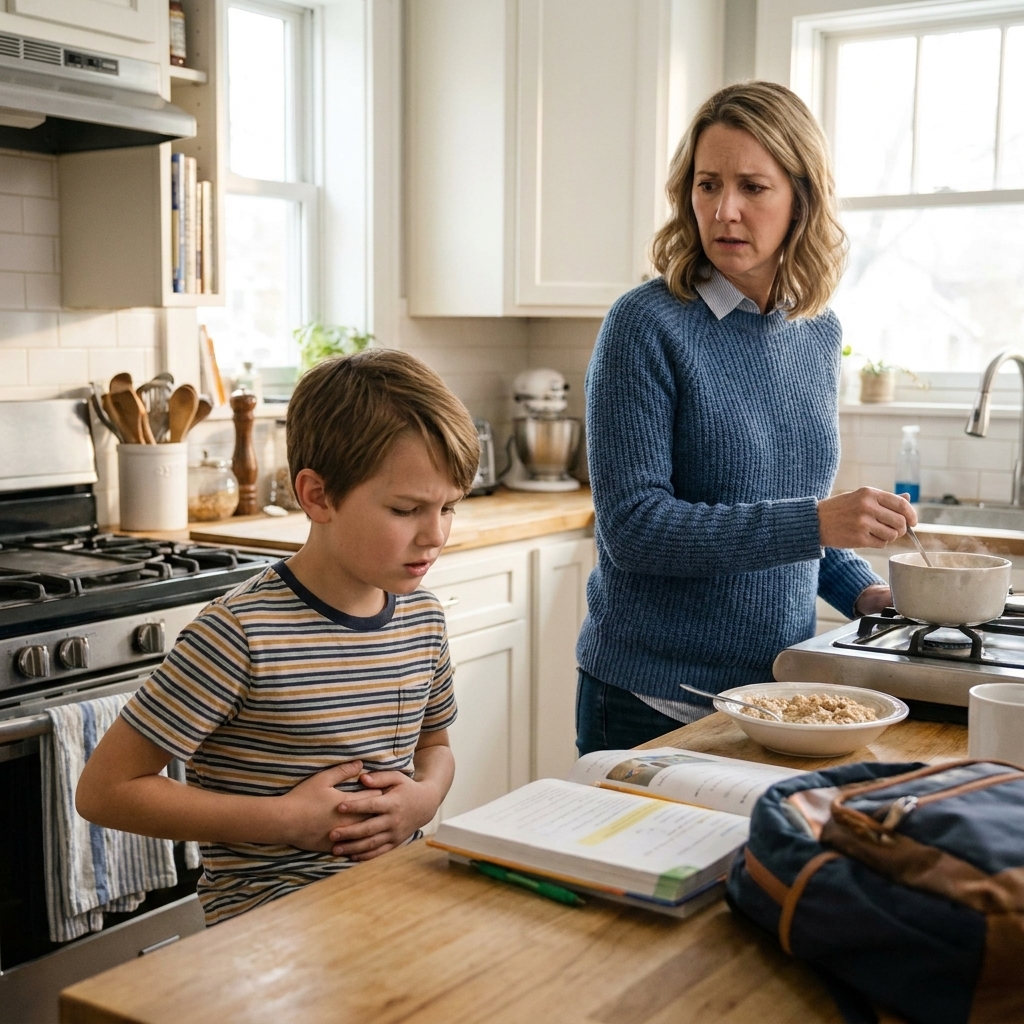 A school-aged child sitting at a kitchen table in the morning holding their stomach while a caregiver prepares a simple breakfast nearby, conveying worry and tenderness in a real home environment