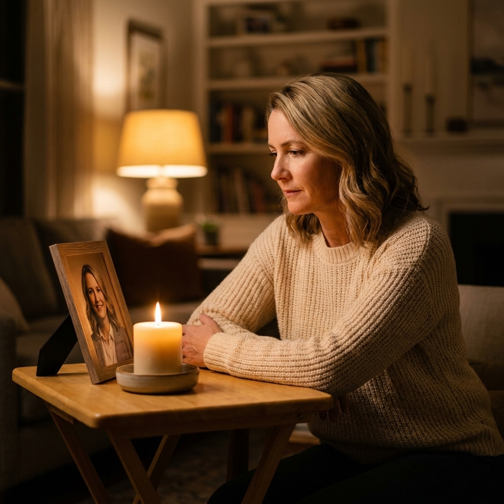 A single candle lit on a small table in the evening with a framed photo nearby and soft background lighting, a quiet reflective home scene