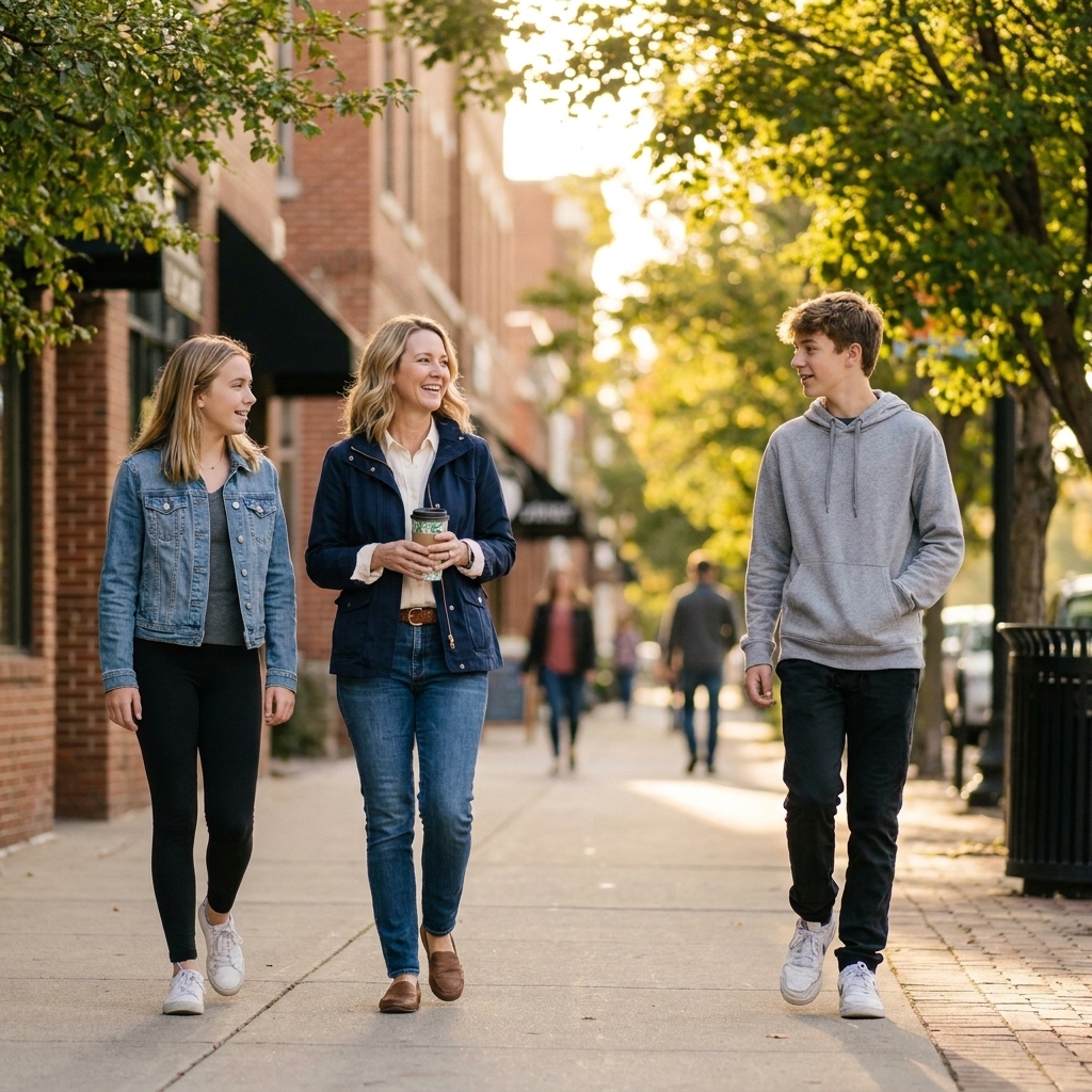 A single parent walking outdoors with two teenagers on a tree-lined sidewalk in early evening light, relaxed and talking
