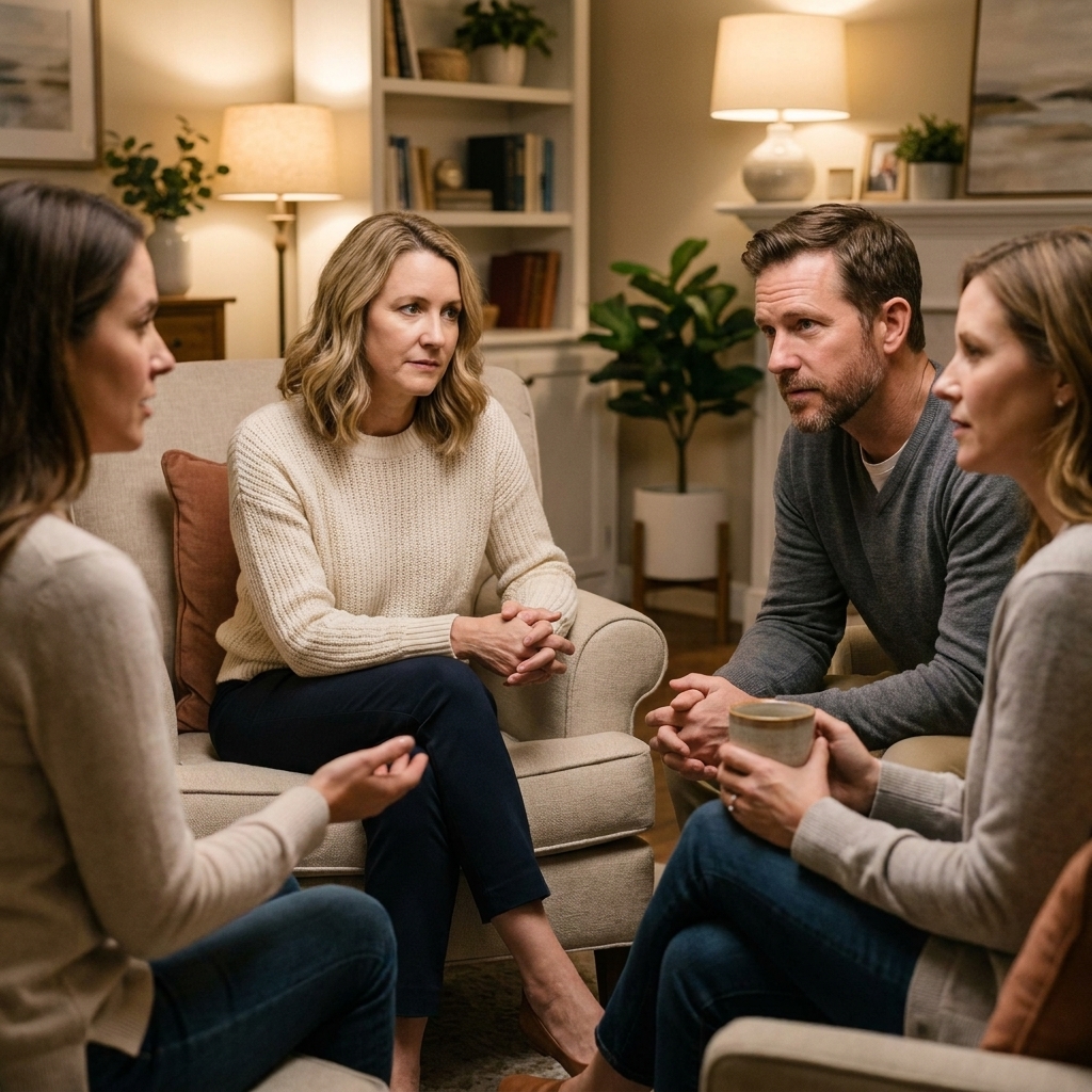 A small circle of adults sitting in a calm living room setting, listening attentively during a divorce support group conversation