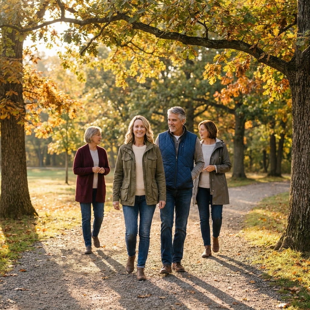 A small group of adults in their 60s walking together on a tree-lined park path in the morning