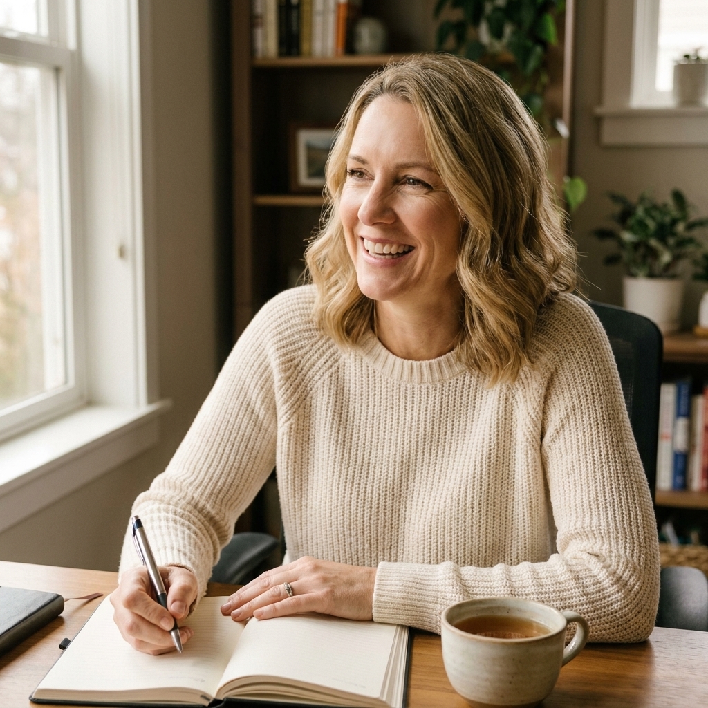 A smiling woman in a softly lit home office, seated at a desk with a notebook and a cup of tea, natural light coming through a window