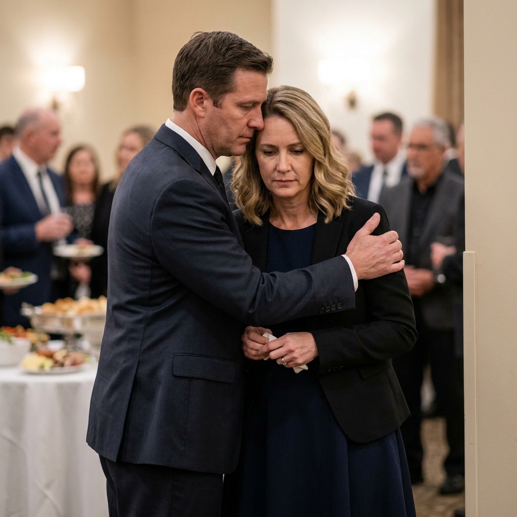 A spouse standing close beside their grieving partner at a funeral reception, gently guiding them toward a corner away from the crowd