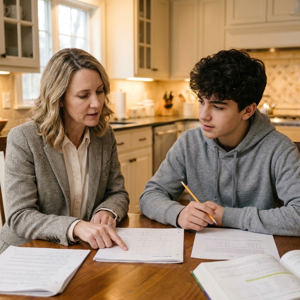 A stepparent sitting at a kitchen table with a teenager, pointing gently at a homework page while the teen holds a pencil and listens