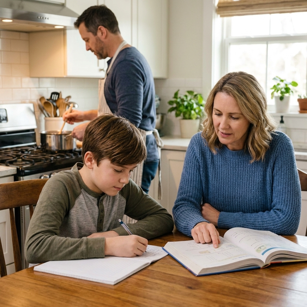 A stepparent sitting beside a middle school age child at a kitchen table, calmly helping with homework while the other parent cooks in the background