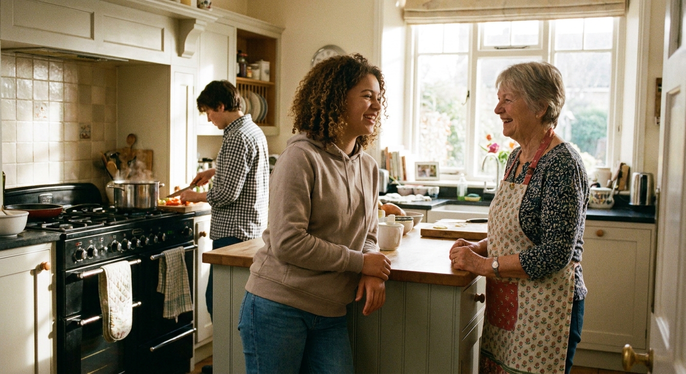 A teenager and a grandmother standing in a kitchen chatting while someone prepares food nearby