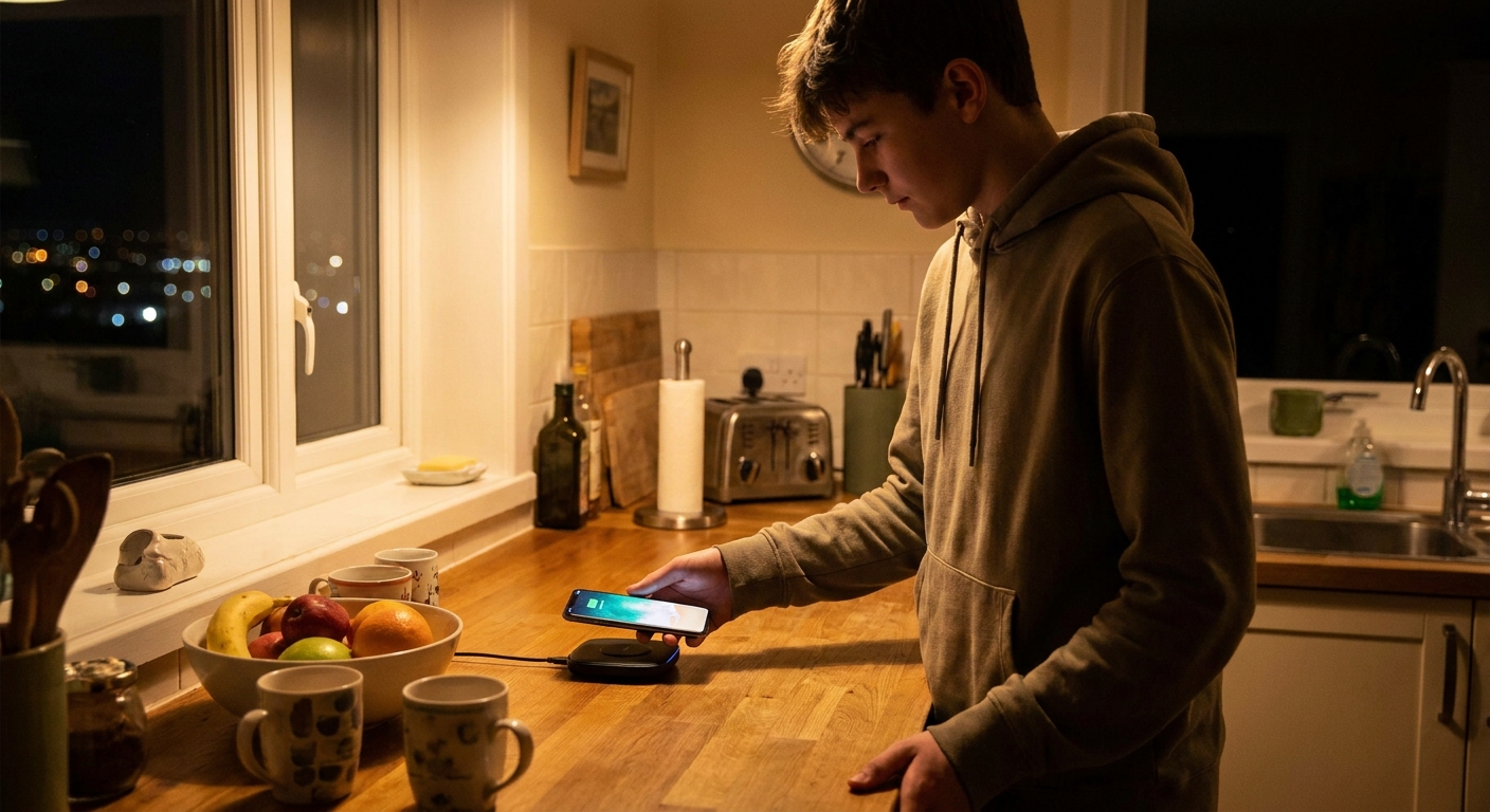 A teenager places a smartphone on a charging dock on a kitchen counter at night.
