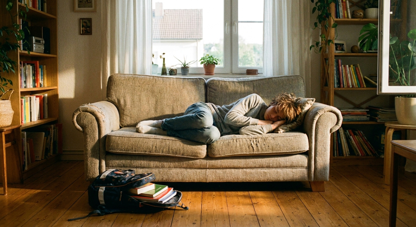 A teenager sleeping on a living room couch in the late afternoon with a backpack on the floor nearby