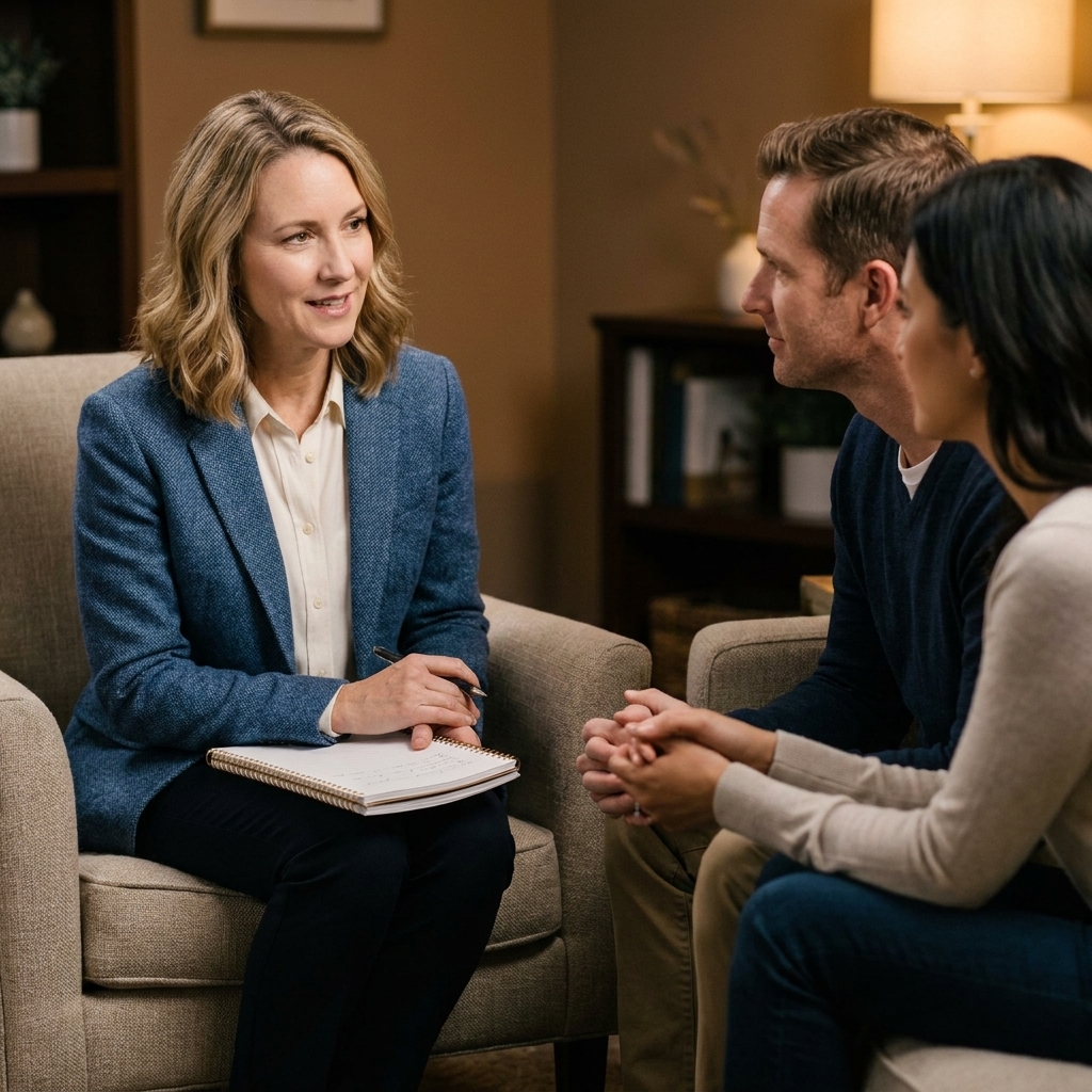 A therapist seated in an armchair speaking gently while a couple listens, with a notebook resting on the therapist's lap