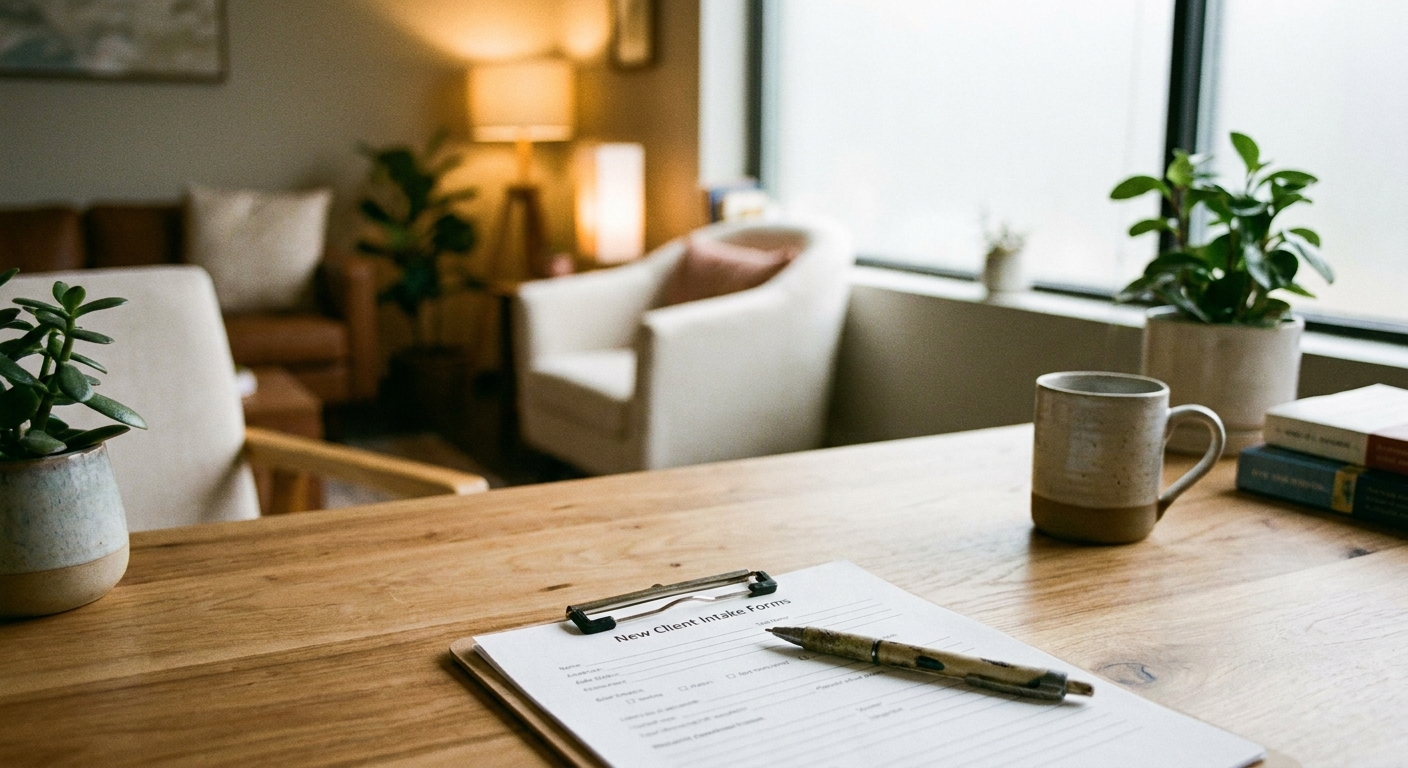 A therapist’s office desk with intake forms and a pen, with a calm waiting area softly blurred in the background