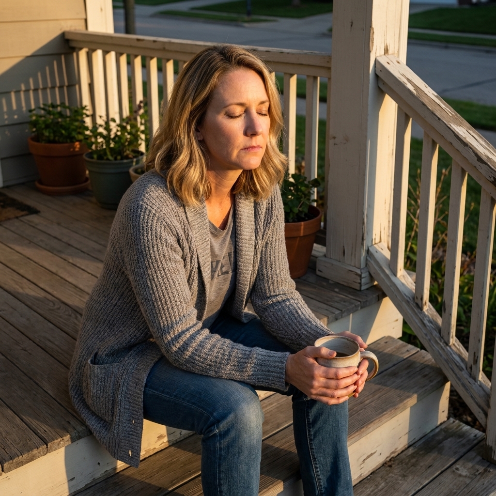 A tired adult caregiver sits on a front porch step holding a mug with eyes closed at sunset