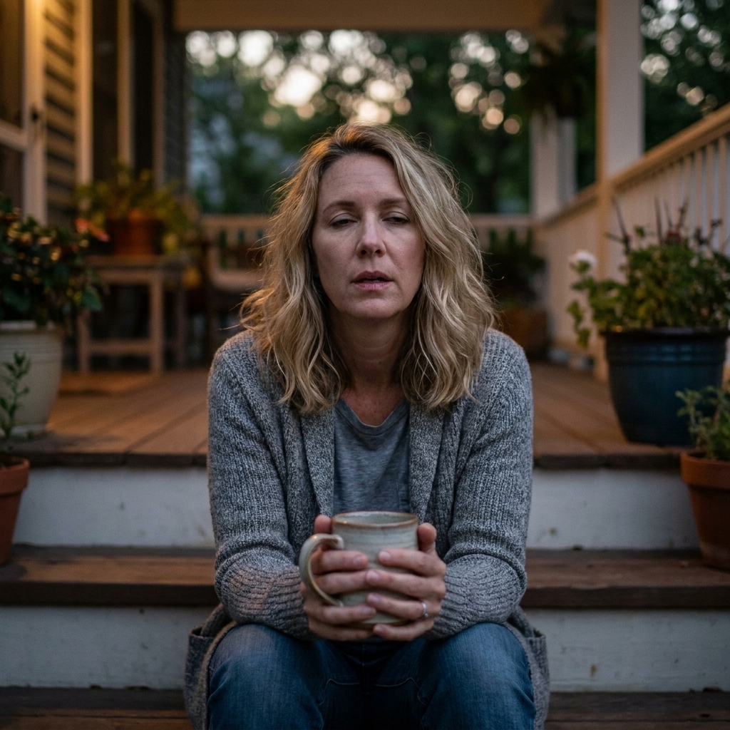 A tired adult sitting alone on a porch step at dusk holding a mug and taking a quiet breath.