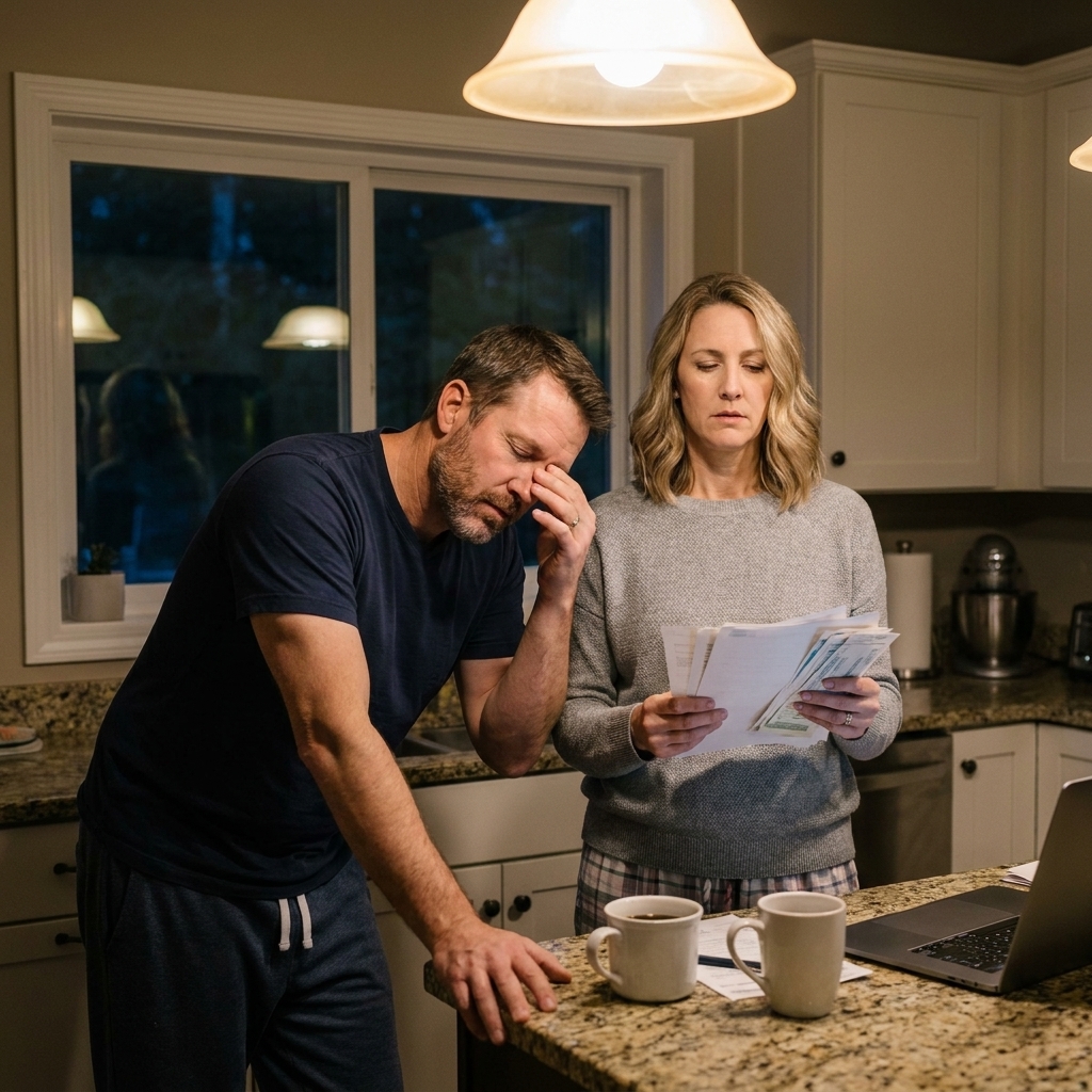 A tired couple standing in a kitchen at night, one partner holding paperwork while the other leans on the counter, both looking overwhelmed under warm overhead lighting